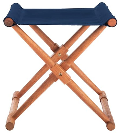 SAFAVIEH Outdoor Patio Furniture Collection – Breanne Natural & Navy Outdoor Stool Set of 2, Solid Wood Folding Accent Seating (PAT7053B-SET2)