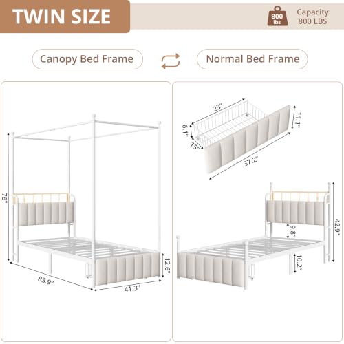 Twin Size Upholstered RGB LED Canopy Bed Frame with Storage, White, view 3