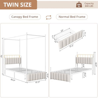 Twin Size Upholstered RGB LED Canopy Bed Frame with Storage, White, view 3