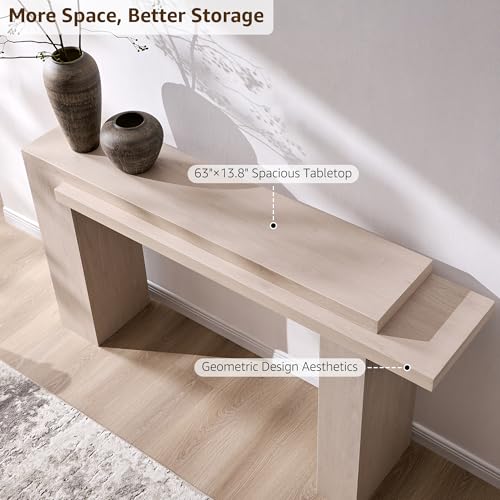 63 Inch Modern Entryway Console Table, Solid Geometry Accent Sofa Table Behind The Couch, Narrow Console Table for Entryway, Hallway, Living Room, Foyer, White Alder