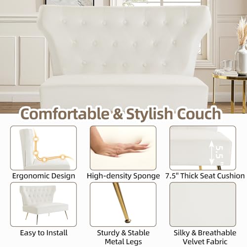 Small White Velvet Sofa, Soft Upholstered 40’’ Armless Loveseat Couch with High Density Foam, Modern Tufted Cushion with Gold Legs for Bedroom, Dorm, Apartment, Girls, Teens, Easy Assembly