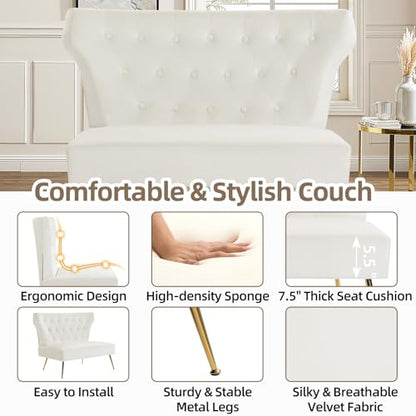 Small White Velvet Sofa, Soft Upholstered 40’’ Armless Loveseat Couch with High Density Foam, Modern Tufted Cushion with Gold Legs for Bedroom, Dorm, Apartment, Girls, Teens, Easy Assembly