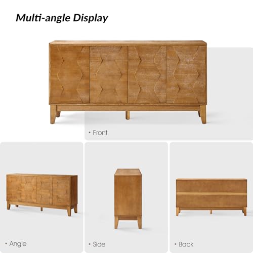 Mid Century Sideboard Buffet Cabinet with Solid Wood Legs, 60" Kitchen Storage Cabinet Credenza with 4 Doors and 2 Shelves, Accent Console Table (Seadrift)