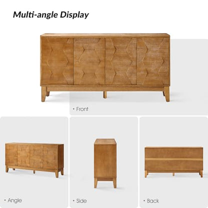 Mid Century Sideboard Buffet Cabinet with Solid Wood Legs, 60" Kitchen Storage Cabinet Credenza with 4 Doors and 2 Shelves, Accent Console Table (Seadrift)