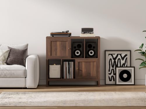 Record Player Stands Set of 2, Modern Vinyl Media Cabinet, Brown, view 6