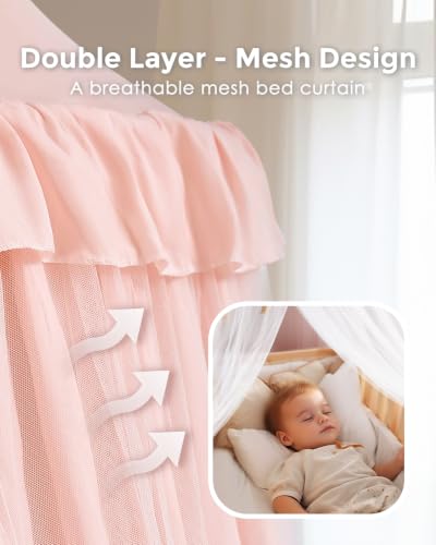 Bed Canopy for Girls with Star Lights, 39.4''x106'', Peach Pink, view 4