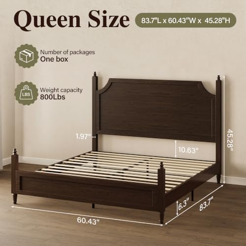 Wood Queen Size Bed Frame with Vintage Curved Headboard, Walnut, view 3
