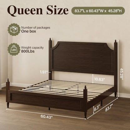 Wood Queen Size Bed Frame with Vintage Curved Headboard, Walnut, view 3