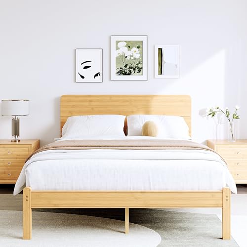 Queen Size Bamboo Wood Platform Bed Frame with Headboard, Natural, view 2