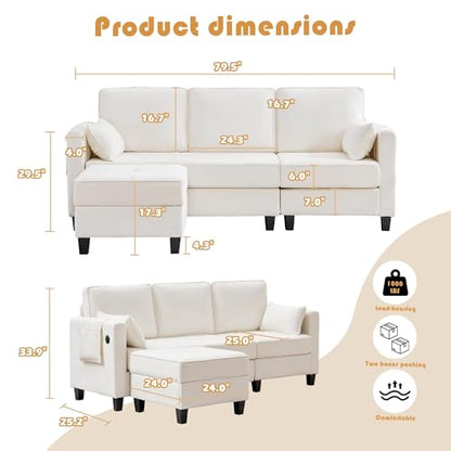 Small Sectional Couches with Storage, 80" L Shaped Sectional Couch with Chaise & Ottoman, Modular Corduroy Chenille Sofa with USB Ports&Pocket for Living Room Apartment Office (Chenille White)
