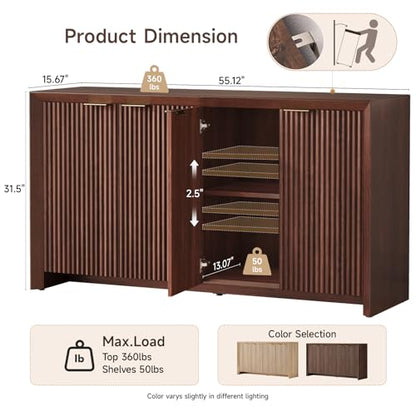 Modern Fluted Sideboard Buffet Cabinet with Storage, Dark Walnut, view 3