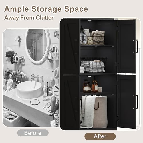 Bathroom Floor Cabinet, Farmhouse Bathroom Storage Cabinet with Doors and Adjustable Shelves, Freestanding Kitchen Pantry Cabinet, Cupboard for Living Room, Dining Room, Black