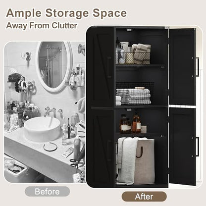 Bathroom Floor Cabinet, Farmhouse Bathroom Storage Cabinet with Doors and Adjustable Shelves, Freestanding Kitchen Pantry Cabinet, Cupboard for Living Room, Dining Room, Black