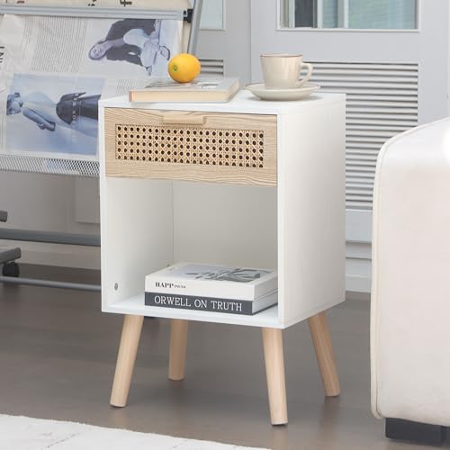 White Rattan Nightstand, Modern Nightstand with Rattan Drawer, Modern Wooden Bedside Table with Solid Wood Legs for Bedroom, and Small Spaces (White)