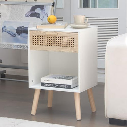 White Rattan Nightstand, Modern Nightstand with Rattan Drawer, Modern Wooden Bedside Table with Solid Wood Legs for Bedroom, and Small Spaces (White)
