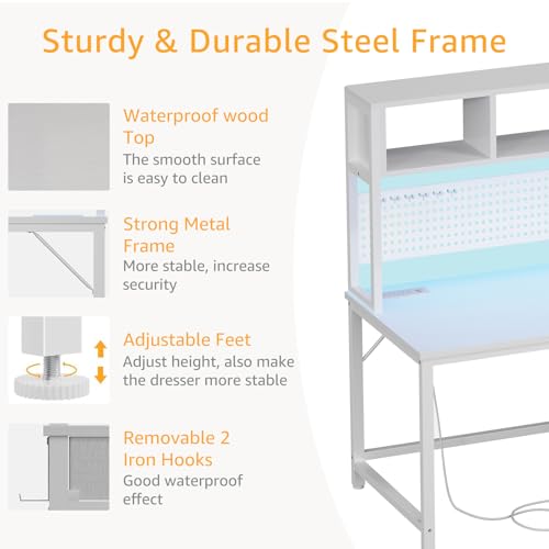 White Gaming Desk with Hutch and Pegboard - Computer Desk with Hutch, Power Outlet, 47 Inch Art Desk with Storage, Hooks, RGB and Side Bag, Writing Modern Study Teen Desks for Girl Bedroom Home Office