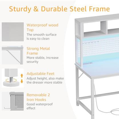 White Gaming Desk with Hutch and Pegboard - Computer Desk with Hutch, Power Outlet, 47 Inch Art Desk with Storage, Hooks, RGB and Side Bag, Writing Modern Study Teen Desks for Girl Bedroom Home Office