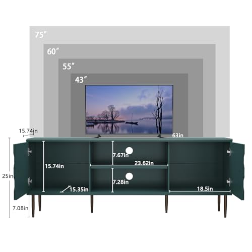 Modern TV Stand for 65/70inch TV, Entertainment Center with Storage Cabinet and Open Shelves, Embossed Pattern TV Stand, TV and Media Console for Living Room, Bedroom, Green