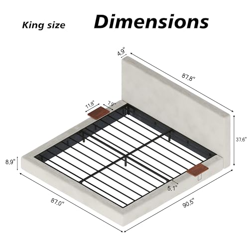 Upholstered King Bed Frame with Cloud Pad, King (U.S. Standard) | Sliding Wood Side Table, Low-Profile Platform, Easy Assembly, Off-White Sherpa