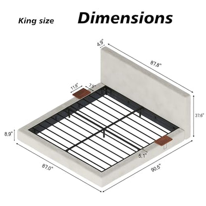 Upholstered King Bed Frame with Cloud Pad, King (U.S. Standard) | Sliding Wood Side Table, Low-Profile Platform, Easy Assembly, Off-White Sherpa