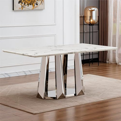 Marble Dining Table for 6 People, 70'' Rectangle Faux Marble Dining Table with Mirrored Stainless Steel Base, Large Size Marble Kitchen Table (Silver,White)(only Table)