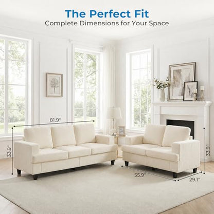 82" Width 2 Piece Living Room Sofa Set, 3 Seater Sofa Couch and Loveseat Sets, Modular Sectional Sofas Furniture Set, Chenille Fabric Sofas Couches for Living Room Bedroom Home Apartment, Beige