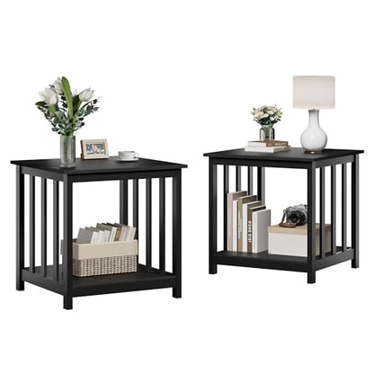 End Tables Living Room Set of 2, 24 Inch Square Side Table with 2-Tier Storage Shelf, Modern Nightstand for Living Room, Bedroom, Office, Black