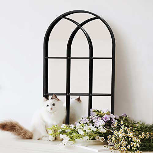Wall Mounted Mirror, 24"x42" Arched Wall Mirror, Arched Window Shaped Farmhouse Style with Iron Frame, Paneled Wall Decor for Bedroom, Entryway, Living Room (Black)