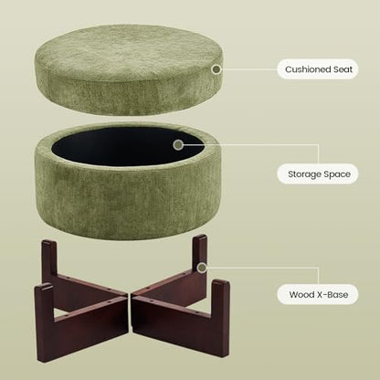 26Inch Round Storage Ottoman, Modern Chenille Upholstered Ottoman with Storage, Ottoman Coffee Table with Removable Top, Footrest Stool for Living Room, Bedroom (Green)