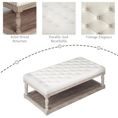 Ottoman Coffee Table, Large Rectangle Ottoman with Storage - Upholstered Cushioned Bench for Living Room, Tufted Linen Fabric with Solid Wood Shelf, Entryway Bench (Beige)