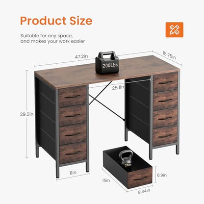 Desk with 8 Fabric Storage Drawers, Computer Office 47 Inch Gaming Writing Study Table with X-Shaped Reinforced Structure for Home Office Bedroom PC Desk, Brown
