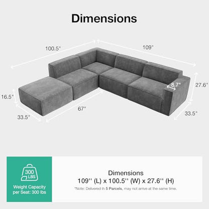 109" Modular Sectional Sofa, No Assembly Cloud Sectional Couch with Smarts Coil® Support, Chenille Fabric L Shape Boneless Couch for Living Room Apartment, Dark Gray(R-Arm 4 Seat w/ 1 Ottoman)