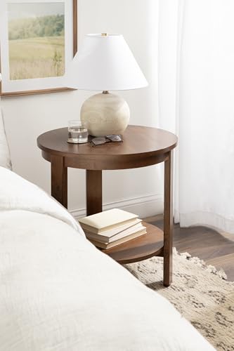 Foxford Tiered Round Side Table; 22 x 22 x 24; Walnut Brown; Transitional Two-Tier Circle Nightstand Table with Storage and Resilient Wood Construction for Bedroom Decor
