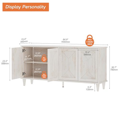65" Modern Farmhouse TV Stand with Handcrafted Patchwork Doors for 75" TVs, Entertainment Center Console with Cable Management, Adjustable Shelves Storage for Living Room, Pale Oak