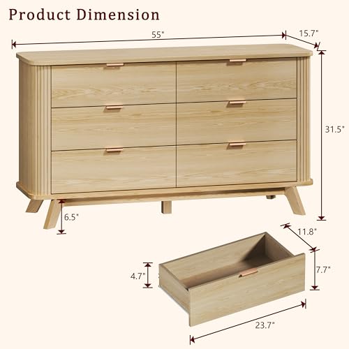 55" Wide Fluted 6 Drawers Dresser for Bedroom, view 3
