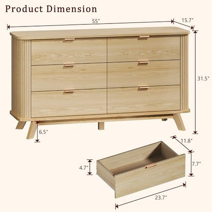 55" Wide Fluted 6 Drawers Dresser for Bedroom, view 3