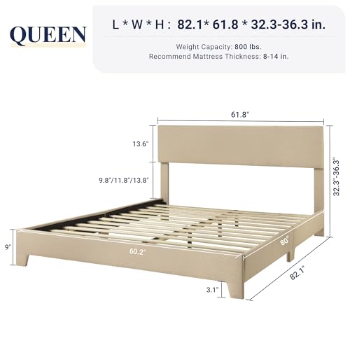 Queen Size Upholstered Bed Frame Adjustable Headboard, Beige, view 3