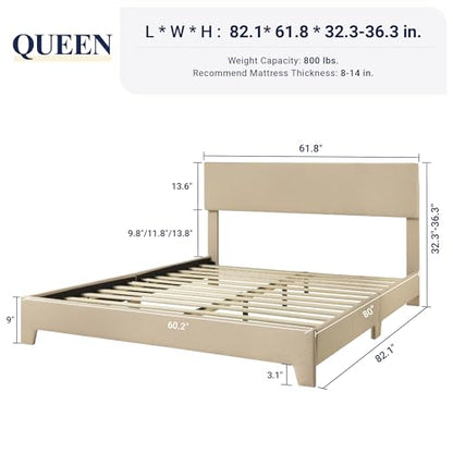 Queen Size Upholstered Bed Frame Adjustable Headboard, Beige, view 3