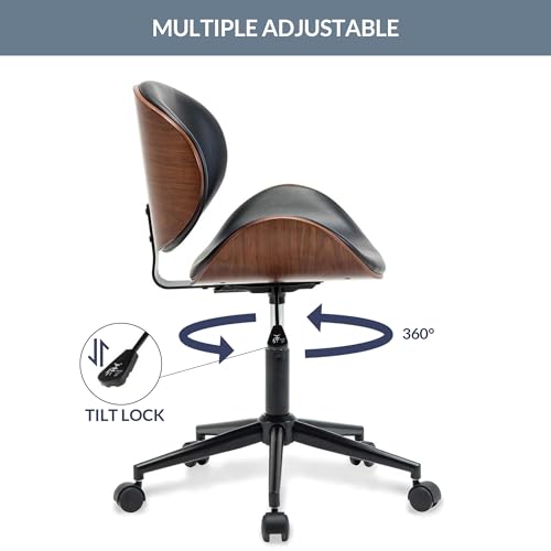 Mid Century Modern Shell Chair, Classic Tripod Design Walnut Plywood Faux Leather Upholstered Lounge Armless Chair for Living Room Reading Lounge,Black