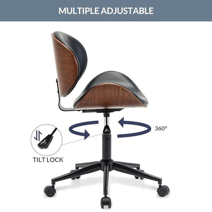 Mid Century Modern Shell Chair, Classic Tripod Design Walnut Plywood Faux Leather Upholstered Lounge Armless Chair for Living Room Reading Lounge,Black