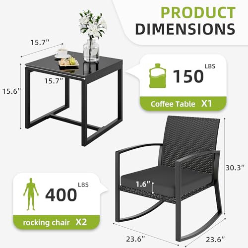 3 Pieces Outdoor Patio Set -Wicker Rattan Chair Conversation Set with Glass Table for Poolside Yard Rocking Chair Set for Bistro Garden Front Porch All Weather Patio Furniture Set