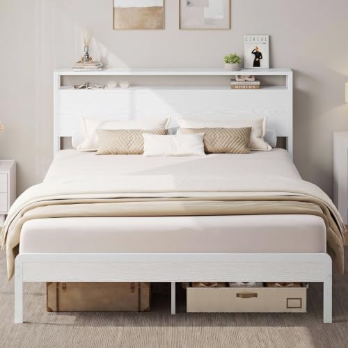 Queen Bed Frame with 2-Tier Storage Shelf Headboard, view 2