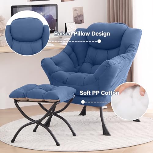 Lazy Chair with Ottoman, Blue Modern Large Accent Chair, Comfy Leisure Sofa Armchair with Ottoman, Reading Chair with Footrest for Bedroom, Living Room, Dorm Rooms, Blue