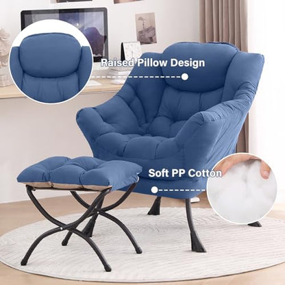 Lazy Chair with Ottoman, Blue Modern Large Accent Chair, Comfy Leisure Sofa Armchair with Ottoman, Reading Chair with Footrest for Bedroom, Living Room, Dorm Rooms, Blue