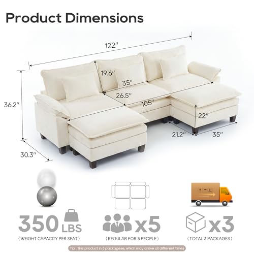 Oversized Modular Sectional Sofa，White：122" U Shaped | Modern Comfy Cloud Couch with Movable Ottoman and Pillow, Deep Seat Couches for Living Room, Bedroom or Apartment
