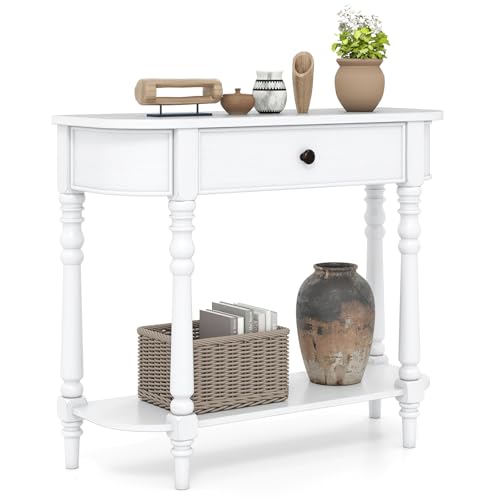 2-Tier Narrow Console Table, 36" White Entryway Table with Storage Drawer & Elegant Legs, Wooden Sofa Table with Open Shelf for Living Room, Foyer, Hallway, Bedroom, Entrance