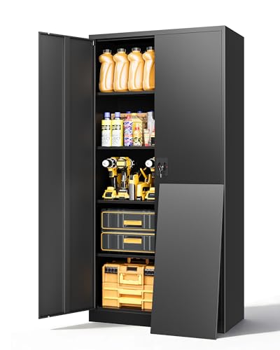 Metal Storage Cabinet with Locking Doors, Tall Cabinets for Home, Office, Warehouse Organizer (Black)
