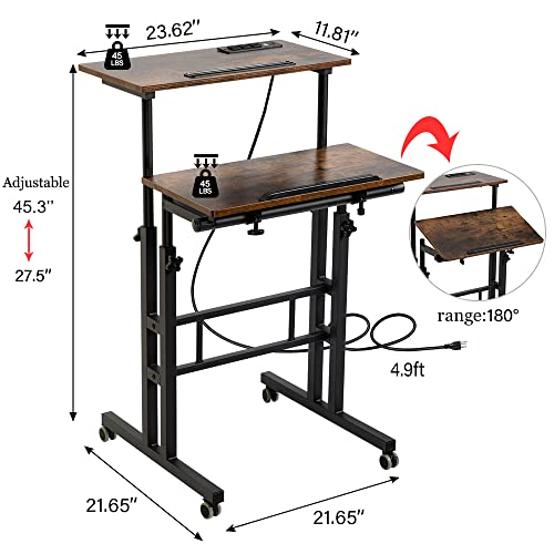 Mobile Standing Desk with Wheels, Rolling Desk Adjustable Height, Portable Laptop Table with Charging Station, Sit Stand up for Home Office, Study, Classroom, Rustic Brown