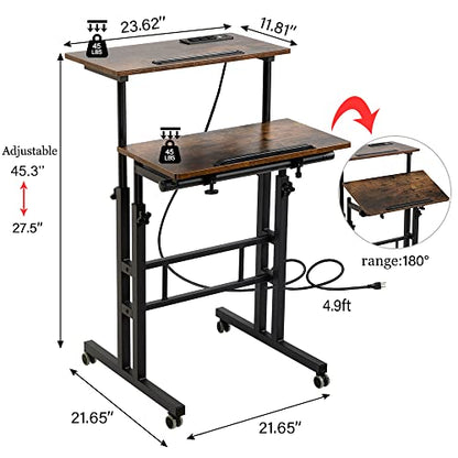 Mobile Standing Desk with Wheels, Rolling Desk Adjustable Height, Portable Laptop Table with Charging Station, Sit Stand up for Home Office, Study, Classroom, Rustic Brown