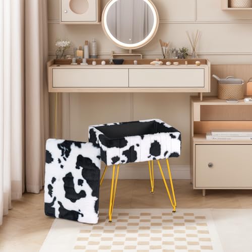 Multifunctional Vanity Stool Chair for Vanity, Padded Seat, Storage Ottoman in Rectangle Fuzzy Fluffy Design, Footrest and 4 Gold Legs for Makeup Room, Bedroom, Living Room, Cow